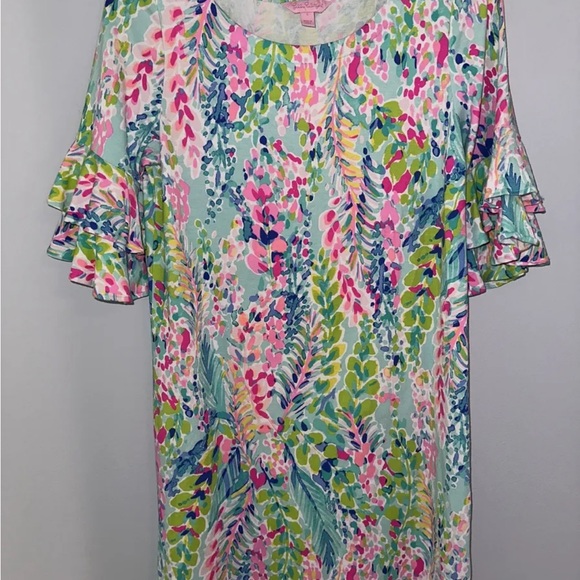 Lilly Pulitzer HTF Lula Stretch Dress Catch The Wave Ruffle Sleeve Small - Picture 2 of 6